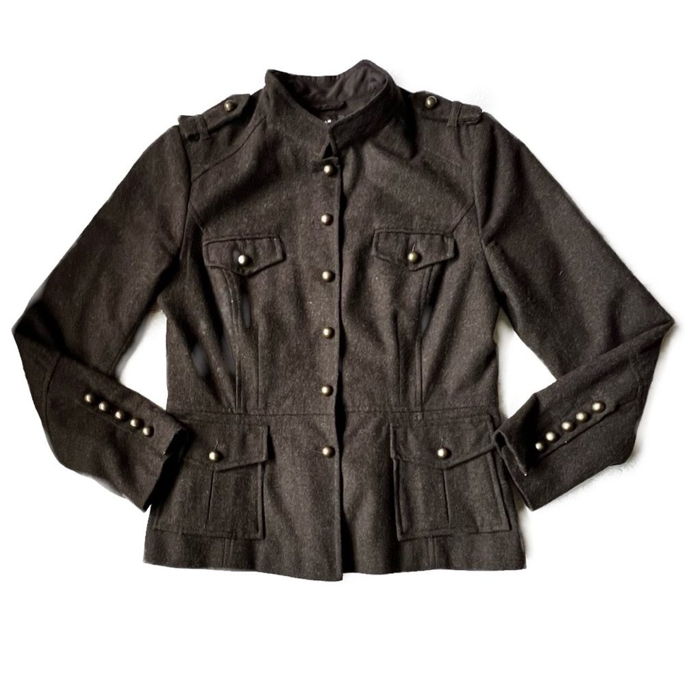 H&M Dark Brown Military-Inspired Brass-look Button-Up Jacket, Wool Blend, Sz -10